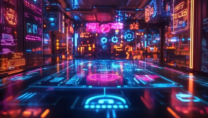 Baby shower party with glowing digital games and holographic decorations  Futuristic  Neon  High Detail