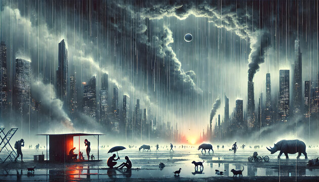 A dramatic yet minimal depiction of the effects of a 'rain bomb' event and global boiling on people and animals.