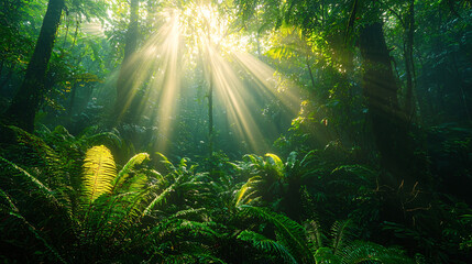 The photorealistic nature scene features a lush tropical rainforest with vibrant green foliage, sunbeams, misty atmosphere, dense undergrowth, ferns, palms, and dramatic lighting.