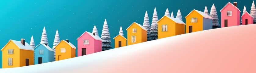 Whimsical Winter Wonderland: Snowy Village in Enchanted Forest with Cozy Rooftops and Vibrant Colors, Peaceful Atmosphere, Copy Space