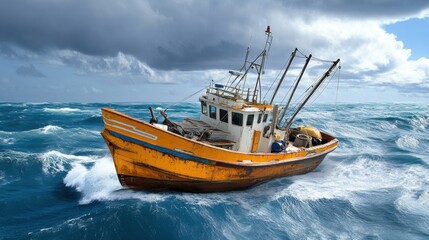 Fototapeta premium Fishing Boat Struggling in Rough Ocean Waves