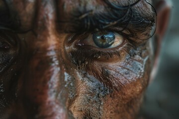 Close-Up of Man&rsquo;s Mud-Covered Face with Intense Blue Eyes, Reflecting Hardship and Resilience