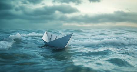 Obraz premium A delicate paper boat drifts on serene blue waters, surrounded by soft waves and a moody cloud formation during twilight, creating a tranquil atmosphere.