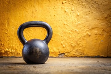 Fototapeta premium Kettlebell hanging on light yellow concrete wall background at eye level