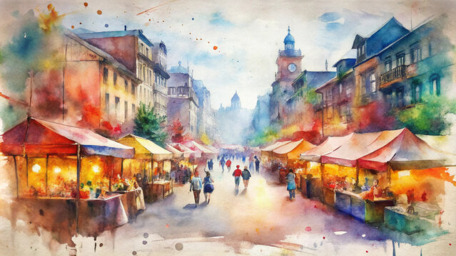 Watercolor Cityscape with Dynamic Brush Strokes in Vibrant Colors Depicting Bustling Streets and Lively Markets, Energetic and Bright Background