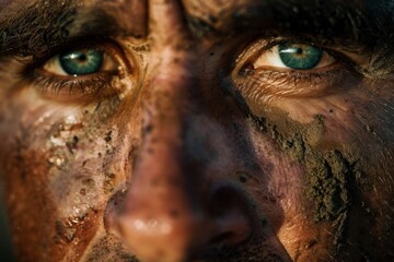 Naklejka premium Close-Up of Man’s Mud-Covered Face with Intense Blue Eyes, Reflecting Hardship and Resilience
