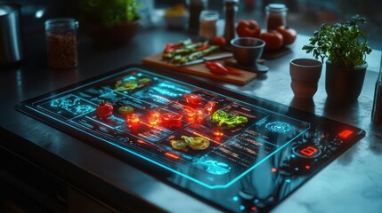 Breakfast at home with glowing holographic recipe guides and smart kitchen appliances  Futuristic  Hologram  Minimalist