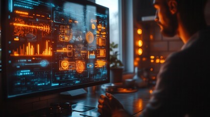 Breakfast at home with glowing holographic recipe guides and smart kitchen appliances  Futuristic  Hologram  Minimalist