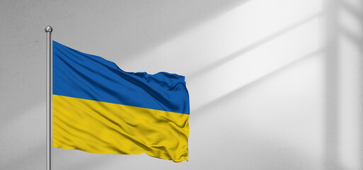 Ukraine national flag cloth fabric waving on beautiful window light grey Background.