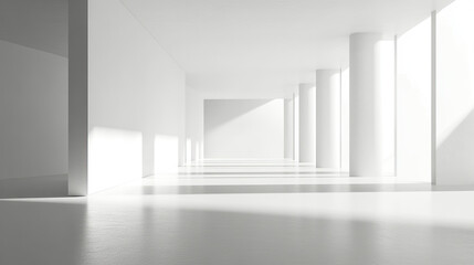 3D rendering of an empty white room with a minimalistic interior design