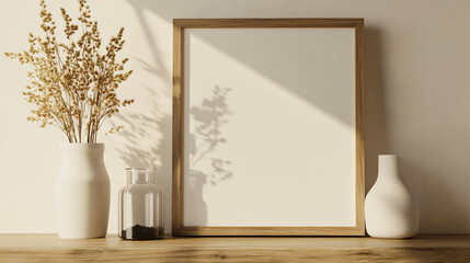 Clean frame mock-up resting on a wooden shelf, surrounded by natural elements, 3D render.