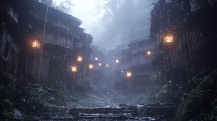 Fototapeta premium Haunting Scene of Abandoned Japanese Village with Eerie Flickering Lights in Dilapidated Homes