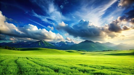 Obraz premium Landscape background with green grass fields, blue sky, clouds, and mountains silhouette