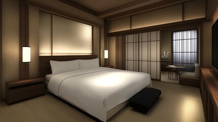 The bedroom showcases elegance with a wooden accent wall, a stylish bedside table, white linen sheets, and calming natural elements from a window view