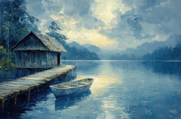 Fototapeta premium Tranquil Lake in Indonesia: A Beautiful Impressionist Painting Highlighting Exotic Landscapes