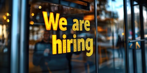 We are hiring text on the glass door of office building. Concept of employment. Generative Ai