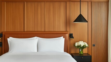 The bedroom showcases elegance with a wooden accent wall, a stylish bedside table, white linen sheets, and calming natural elements from a window view