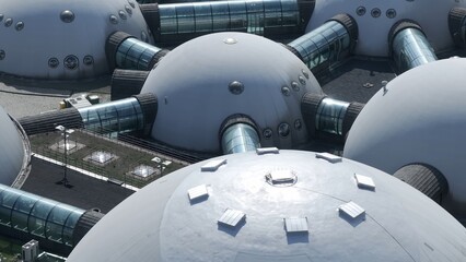 Close-Up of Futuristic UFO-Like Dome Structures A detailed aerial view of an extraordinary complex composed of sleek dome structures that resemble something straight out of a science fiction movie. Th