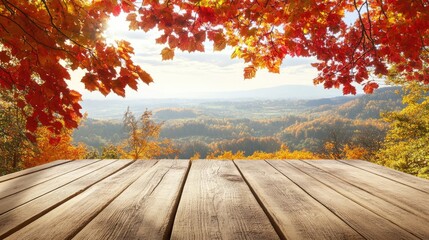 Naklejka na ściany i meble An open book reveals a picturesque autumn landscape filled with colorful trees, flowers, and countryside animals, all displayed beautifully on an old wooden table