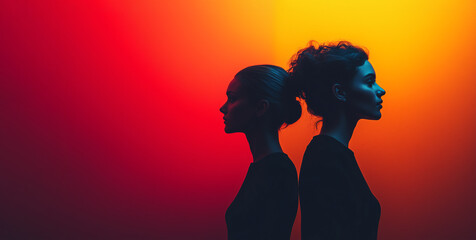 Two women stand back to back, their silhouettes contrasting against a vibrant gradient of warm colors, emphasizing the beauty of light and shadow in artistic photography.