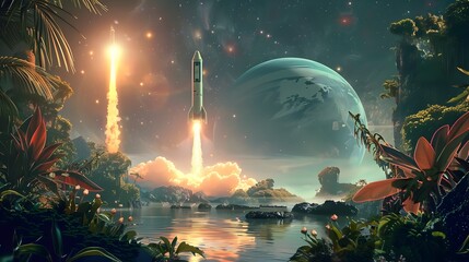 Otherworldly Rocket Launch on Alien Planet Observed by Exotic Flora and Fauna