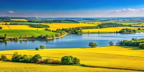 Fototapeta premium Landscape with yellow fields and blue lake in classic European farmlands