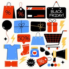 A collection of Black Friday shopping icons, featuring items like shopping carts, gift boxes, price tags, percentage discounts, and sale signs, all in a playful, colorful design