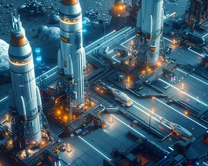 Bustling Futuristic Spaceport with Multiple Rockets Preparing for Departure and Advanced Space Technology