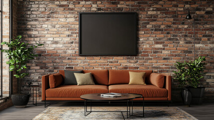 Black frame mock-up on a sleek, modern coffee table in an urban loft, 3D render.