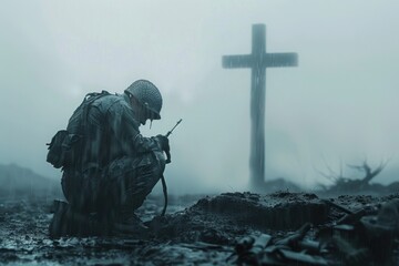 A contemplative scene of a soldier kneeling in prayer, rain falling heavily, with a cross in the background shrouded in mist 