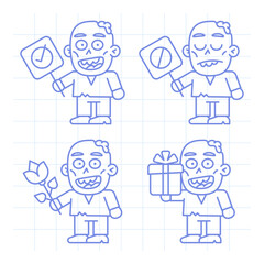 Set doodle character zombie holding various objects part two