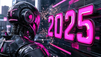 Glowing 2025 Vision in Futuristic Cityscape with Digital Celebrations - Technology Concept with Robots and Fireworks