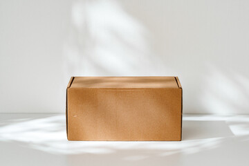 Simple brown cardboard box positioned on a white surface with soft angled shadows in natural light