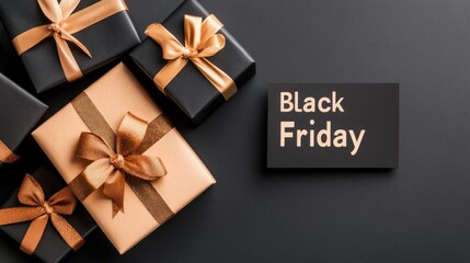 A stylish Black Friday themed banner features luxury gift boxes and a credit card on a dark background, creating a perfect mockup space for promotional messaging