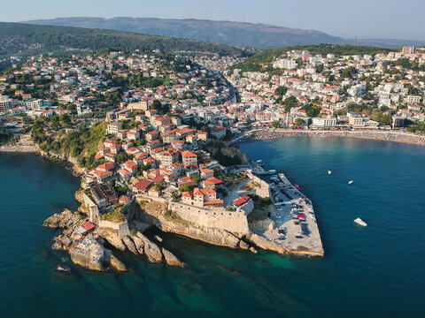 Sunset aerial view the old town of Ulcinj, Montenegro.