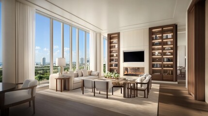 This spacious living room showcases a minimalistic style with grey furniture, large windows overlooking the sea, and neutral tones that enhance its serene ambiance