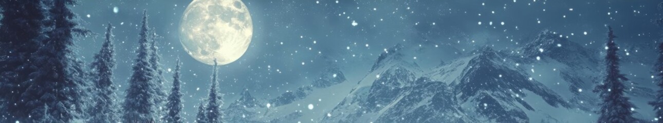 A serene winter scene depicting a herd of reindeer moving gracefully through a snowy landscape beneath a full moon.