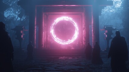 Obraz premium Enigmatic Glow of the Cursed Artifact: Japanese Dark Myth Scene in Ancient Shrine with Shadowy Figures