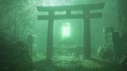 Haunting Glow of the Cursed Artifact: Japanese Dark Myth Scene in Ancient Shrine