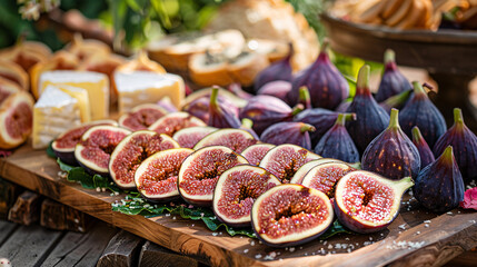A delicious assortment of fresh figs, crostini, and cheese on a wooden platter, set against a natural background, ideal for a summer outdoor meal or appetizer