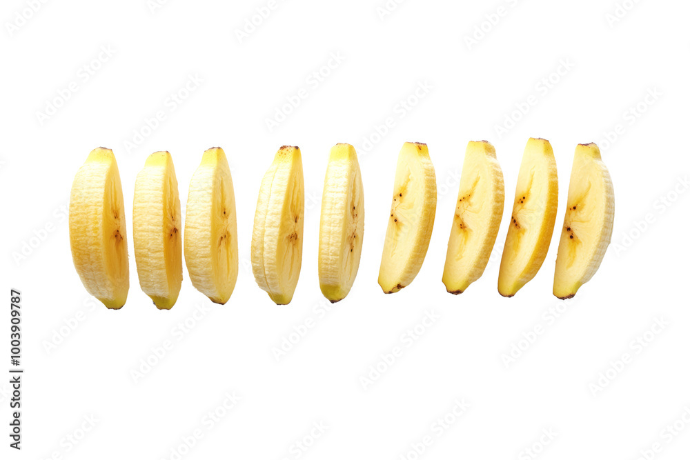 Poster perfectly sliced banana pieces arranged in a neat row ,isolated on transparent background