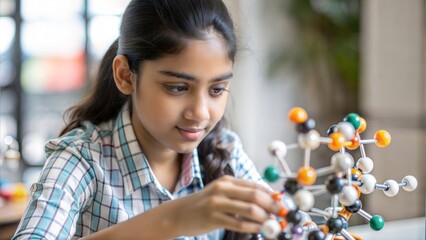 Indian Female Student Using a Molecular Model Kit for Studying Science, Selective Focus



