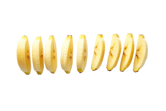 Perfectly sliced banana pieces arranged in a neat row ,Isolated on transparent background