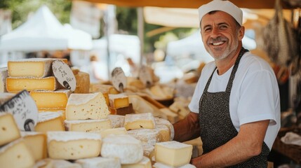 Local cheese seller at market, bright day, clean background, minimal elements, copy space