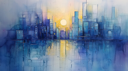 滲んだ水彩画で描いた水辺の都市の背景
