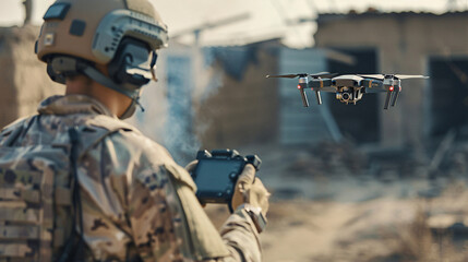 A drone operator using a remote control to pilot a quadcopter, with the drone visible in the air and modern technology and military equipment in the setting