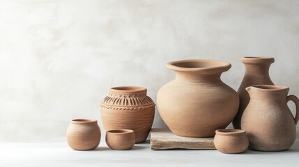Local potter with clay pots, bright studio, clean background, minimal elements, copy space