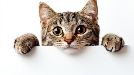 Fototapeta premium A cat is peeking out from behind a white board