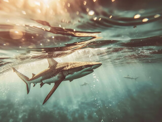 A shark swims gracefully beneath the shimmering surface of the ocean in a serene underwater landscape during daylight hours