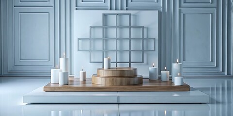 Symmetrical candle arrangement on a modern platform.